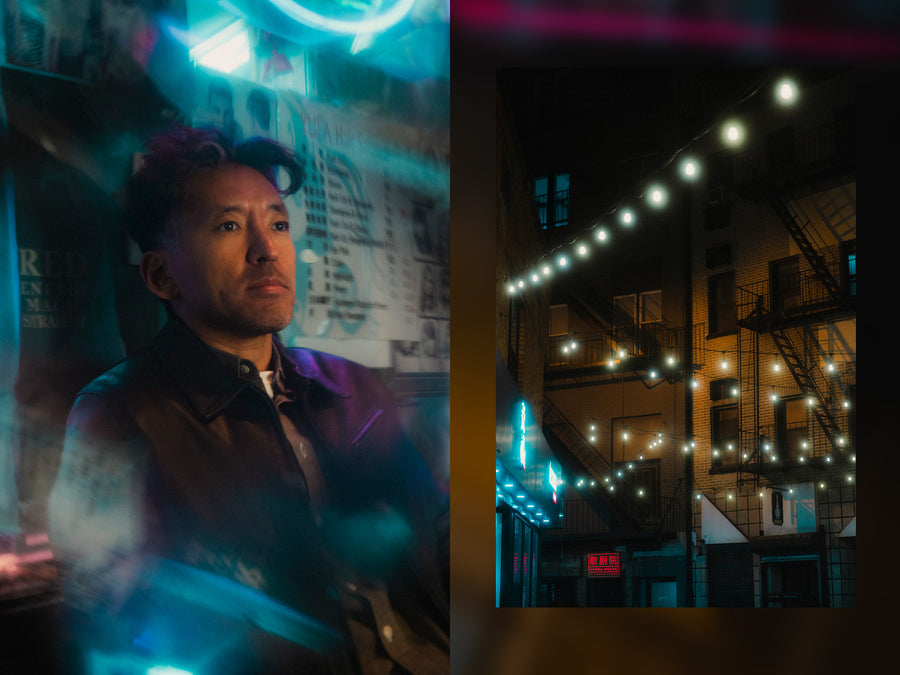 A diptych of a man wearing a leather jacket sitting on a chair.
