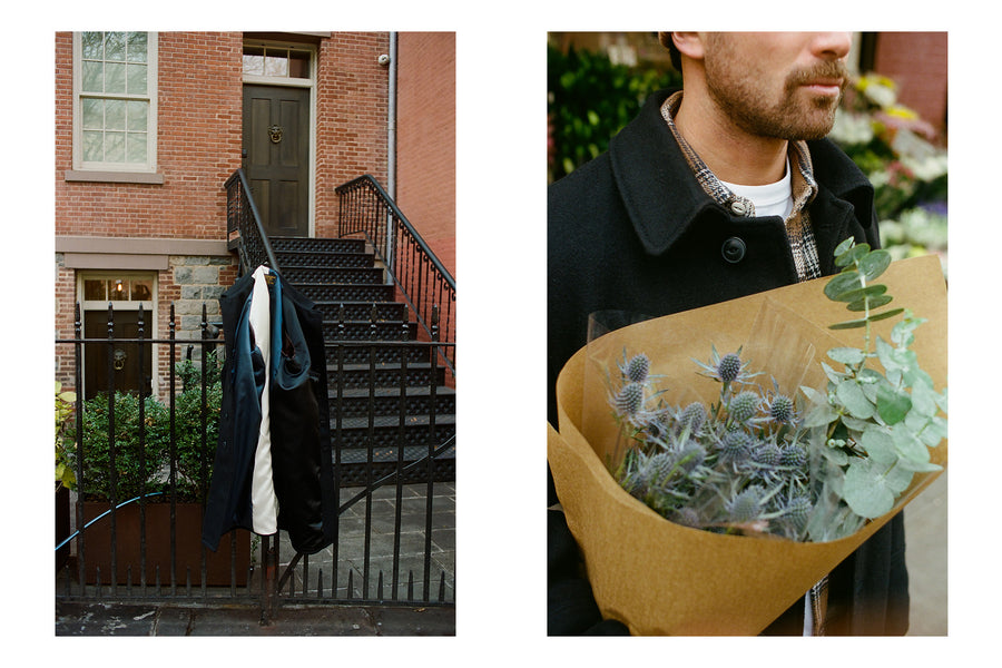 A coat hangs on a gate to show the 4 colors of satin inside.