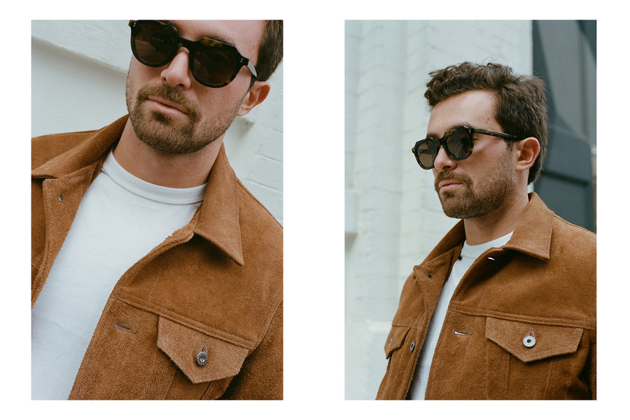 A diptych of a man in sunglasses and a tan suede jacket against a white wall.
