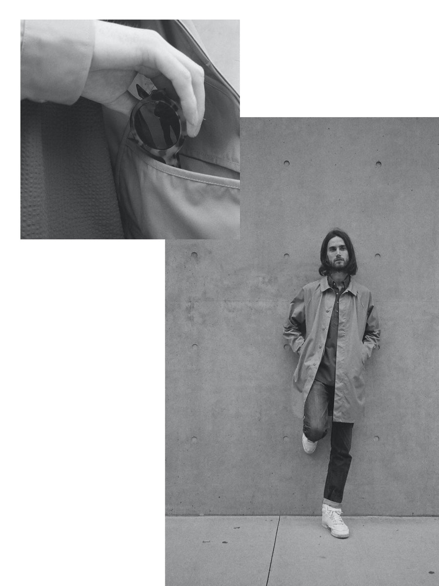 A diptych of up close photos of a light colored mac coat.