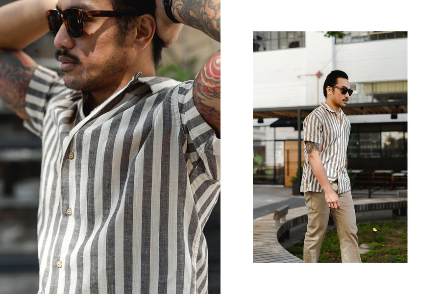 A diptych of a man wearing a vacation shirt.