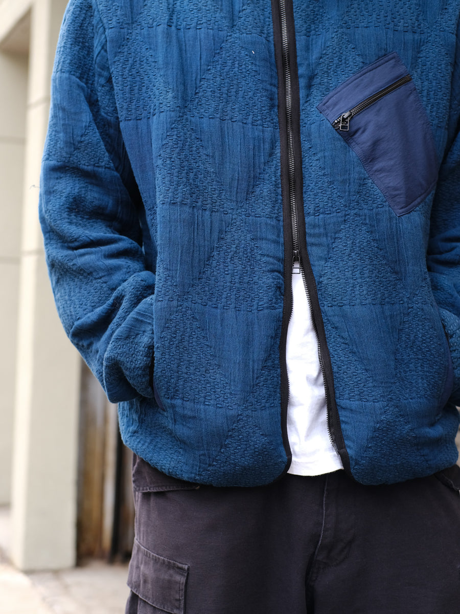 A close up image of a blue jacket.