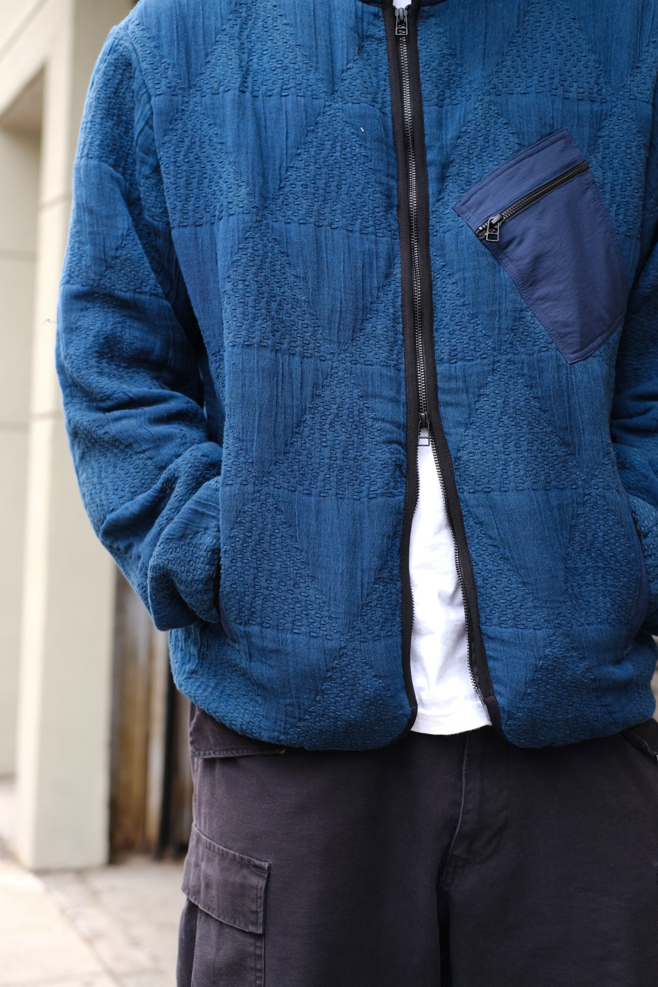 A close up image of a blue jacket.