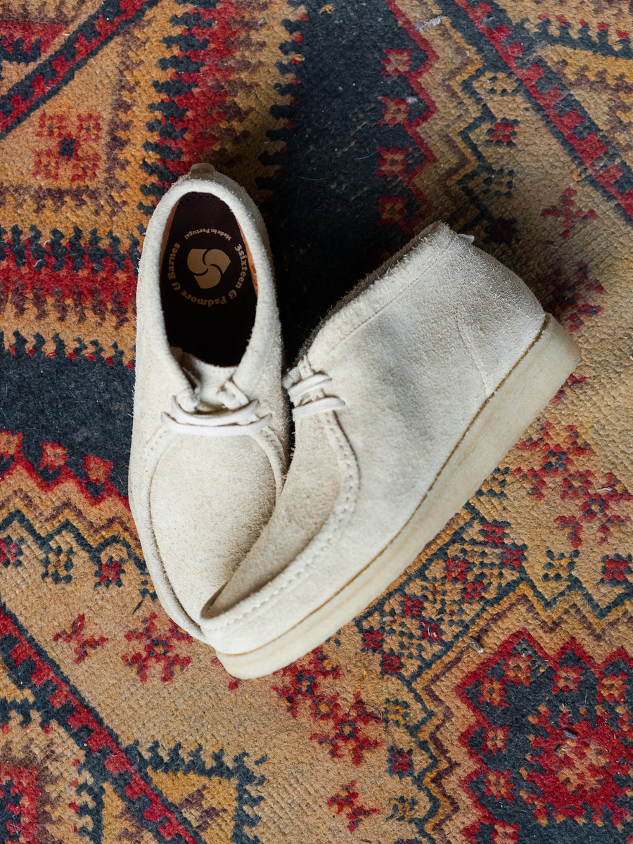 A pair of light tan shoes on a rug.