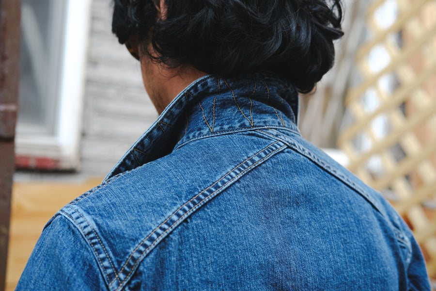 A shot of the back of the jacket showing our crossed back yoke detailing.