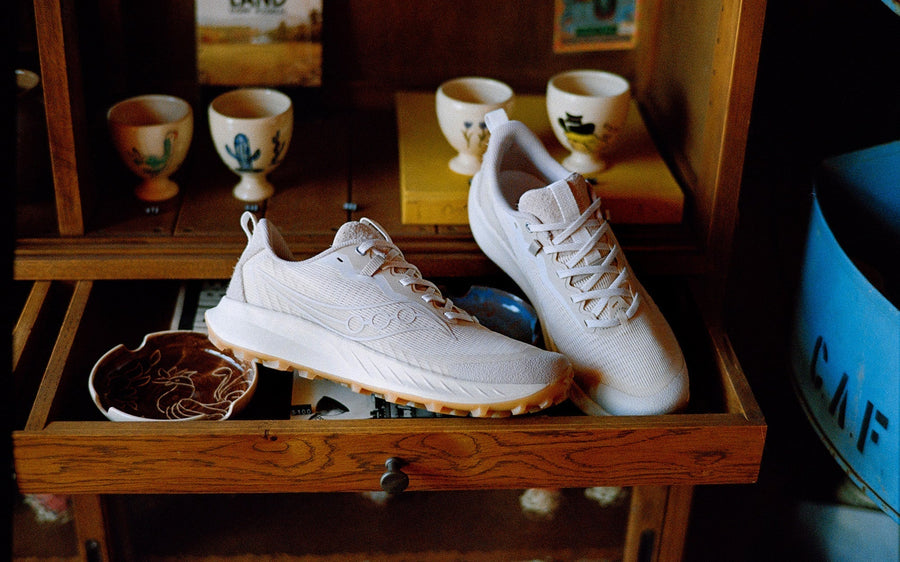 A pair of shoes sit on a wooden shelf in a bookcase.