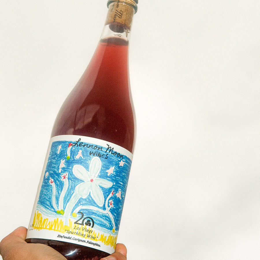 A bottle of wine held up against a white background.