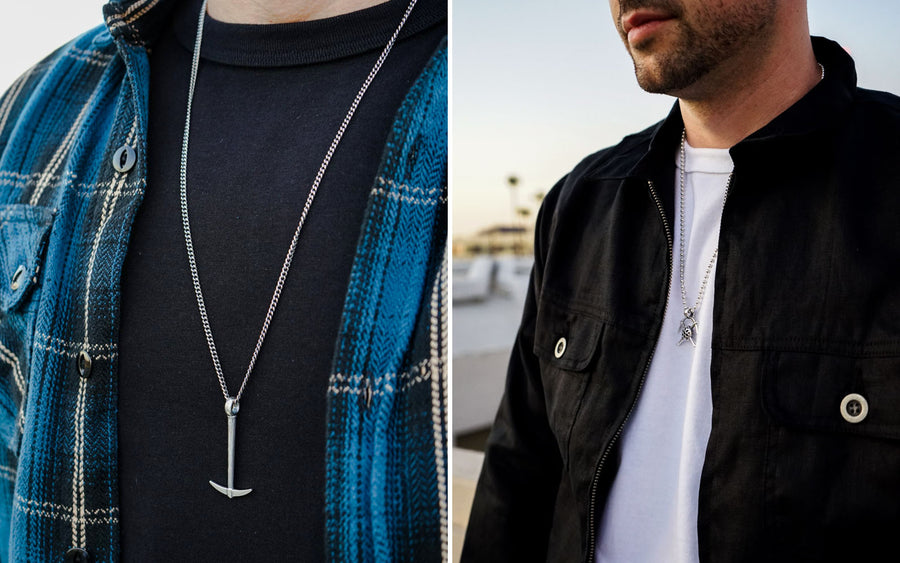 A diptych of two different Good Art sterling silver pendants worn on chains around the neck.