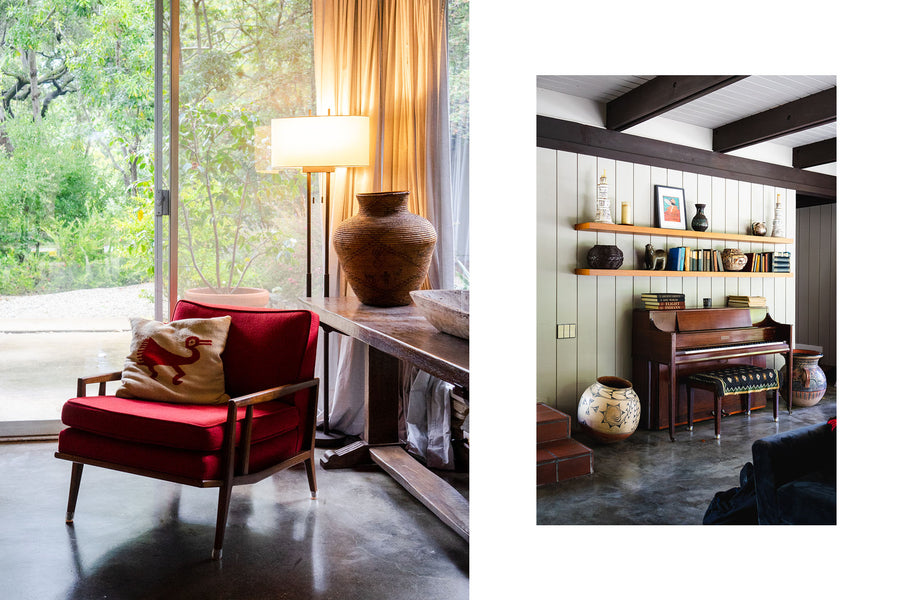 A diptych of eclectic furniture and fixtures at the home the 3sixteen team stayed at.