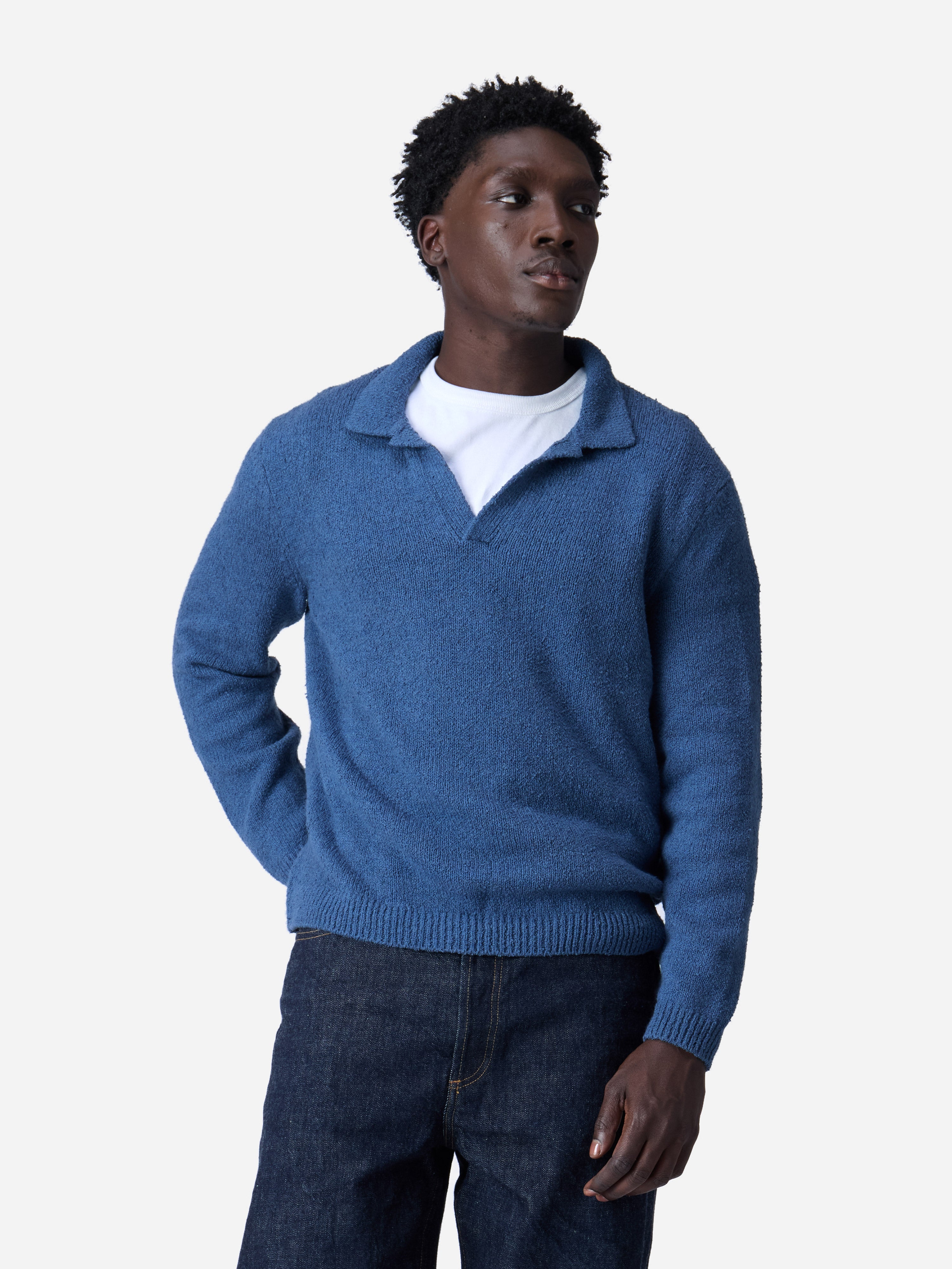 Long Sleeve Knit Polo ~ Lapis Boucle – 3sixteen