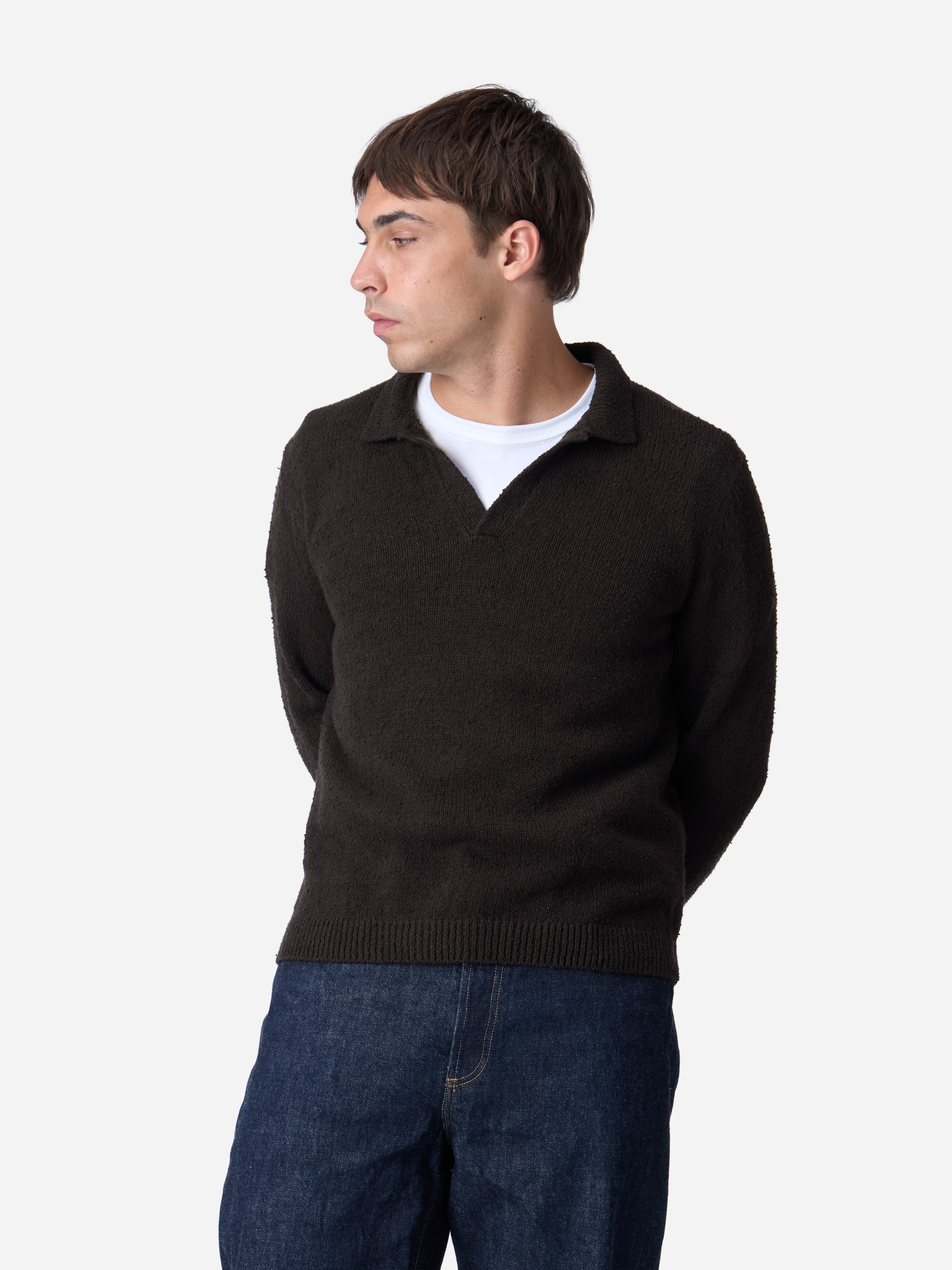 Long Sleeve Knit Polo ~ Bark Boucle – 3sixteen