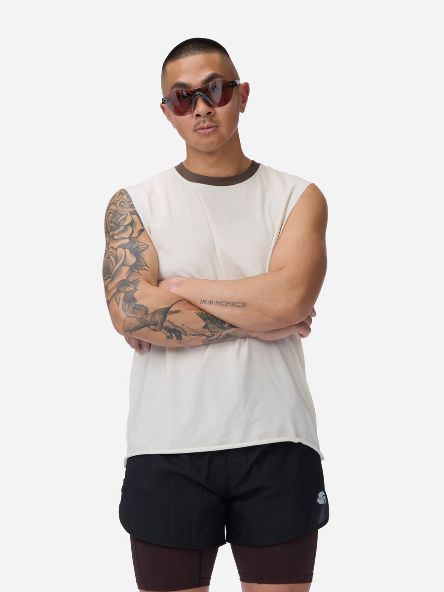Training Cutoff Tee ~ White/Brown Ringer