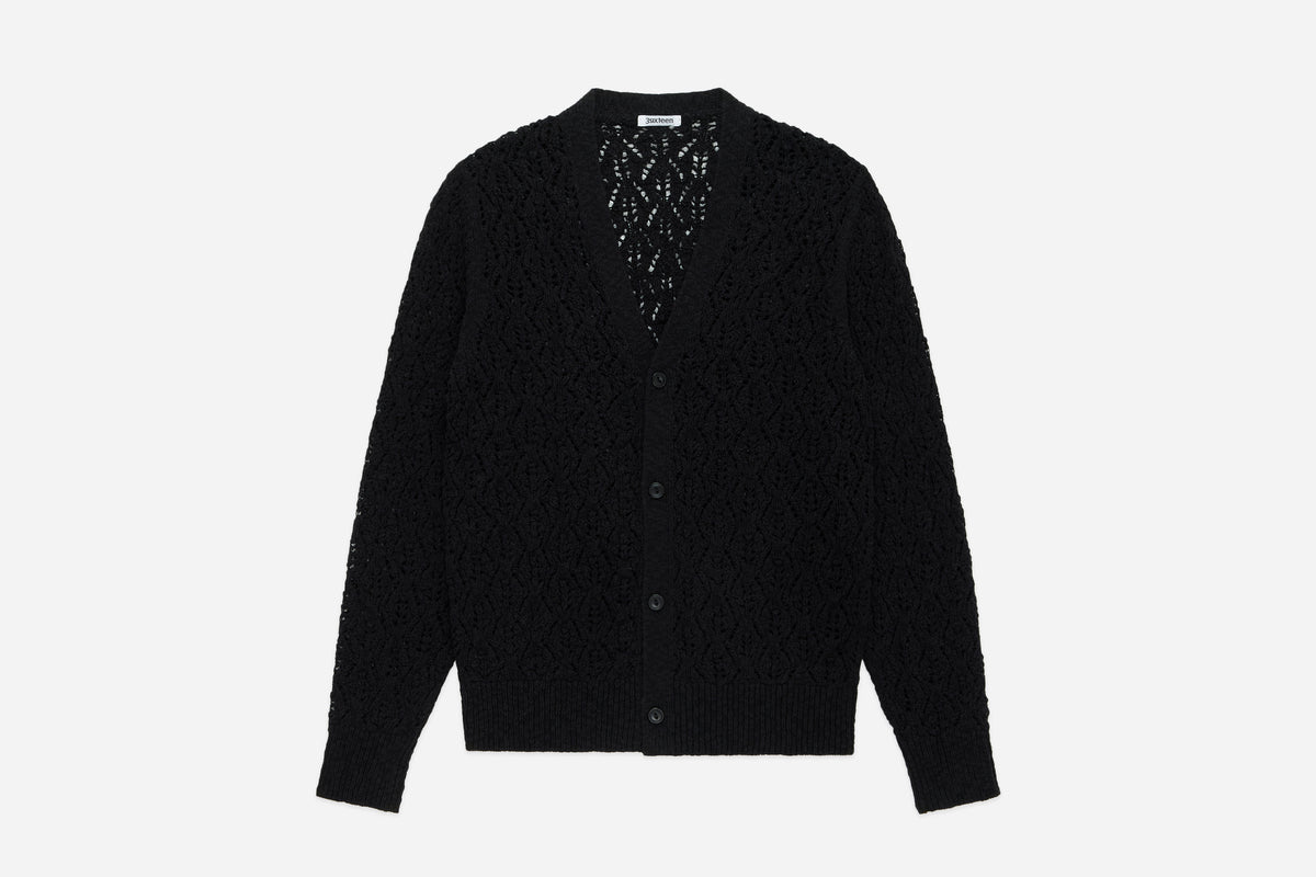 Classic Cardigan ~ Black Flamme Lace Knit – 3sixteen Classic Cardigan ~ Black Flamme Lace Knit – 3sixteen