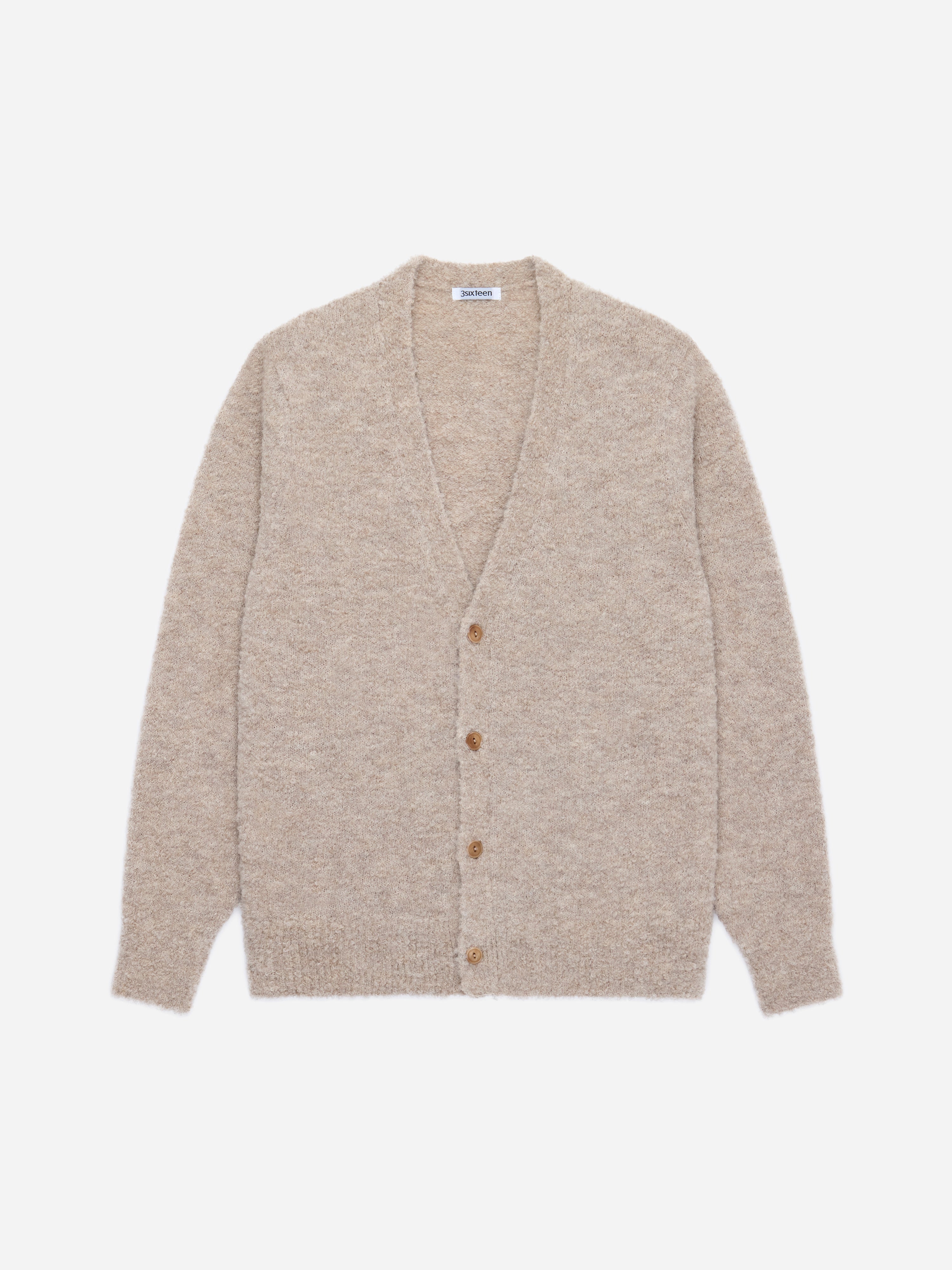 V-Neck Cardigan ~ Khaki Boucle Alpaca – 3sixteen
