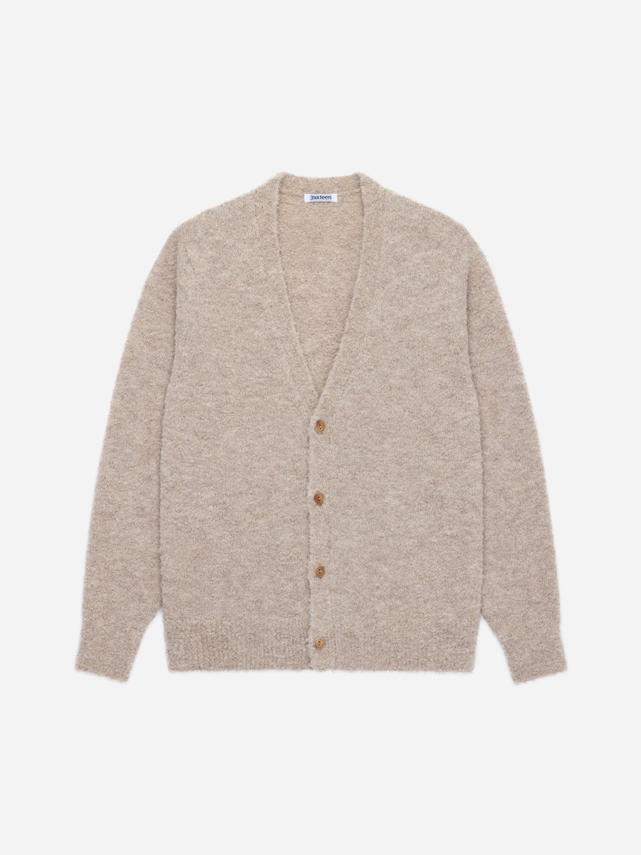 V-Neck Cardigan ~ Khaki Boucle Alpaca