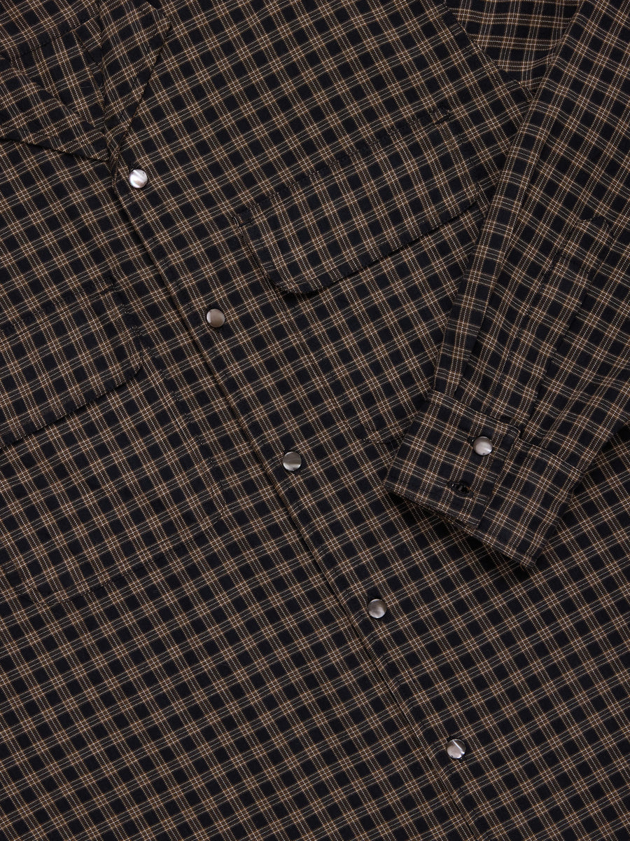 Open Collar Shirt ~ Black Brown Micro Plaid