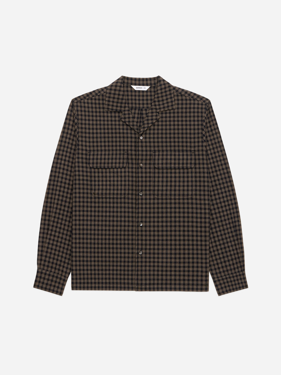Open Collar Shirt ~ Black Brown Micro Plaid