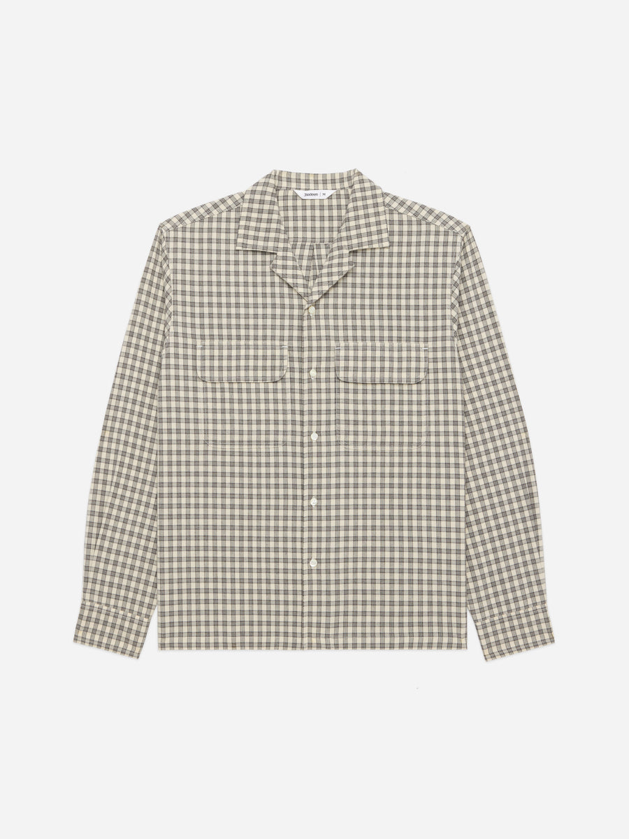 Open Collar Shirt ~ Ecru Micro Plaid
