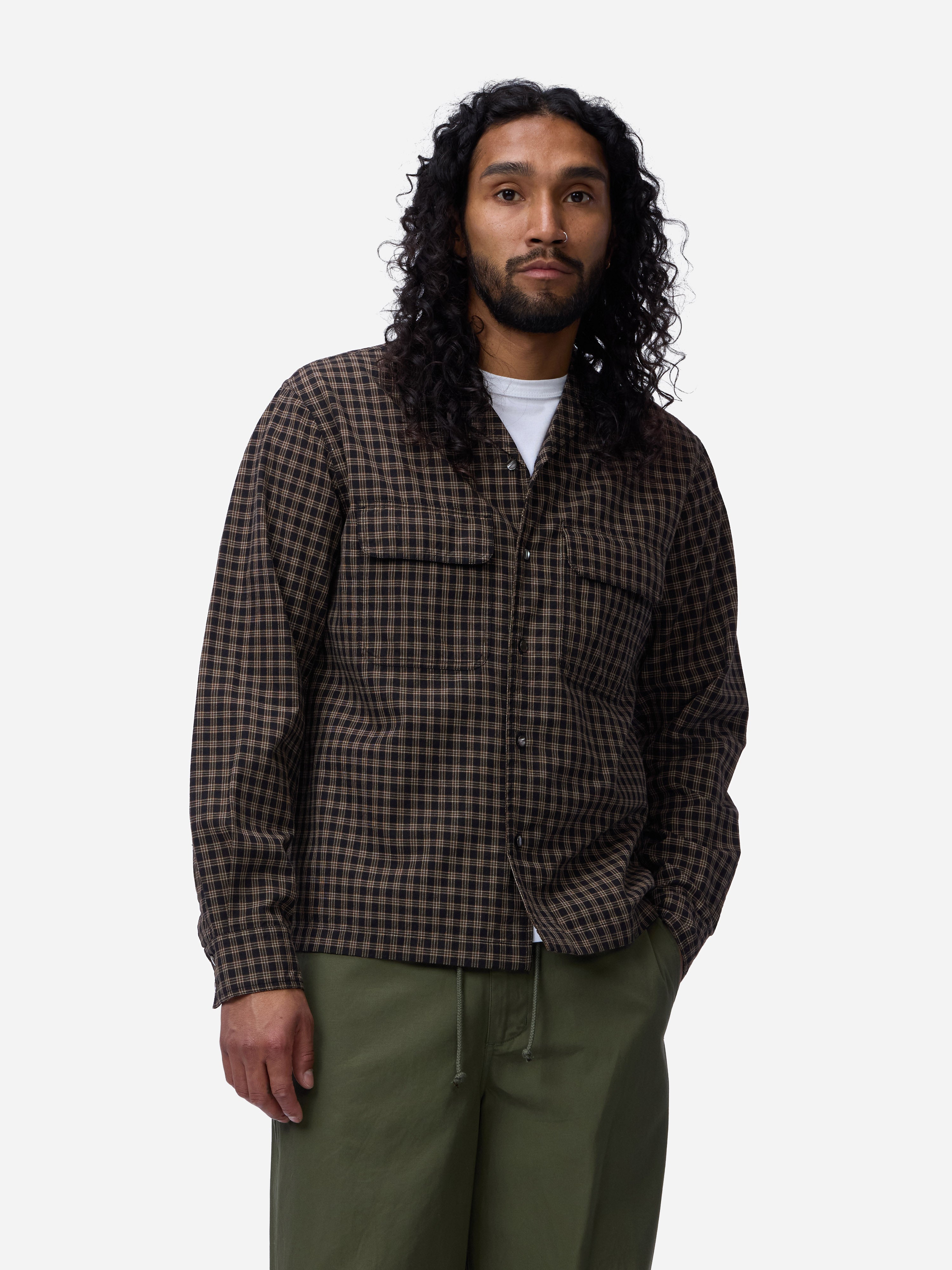 Open Collar Shirt ~ Black Brown Micro Plaid – 3sixteen