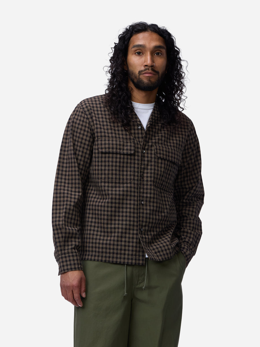 Open Collar Shirt ~ Black Brown Micro Plaid