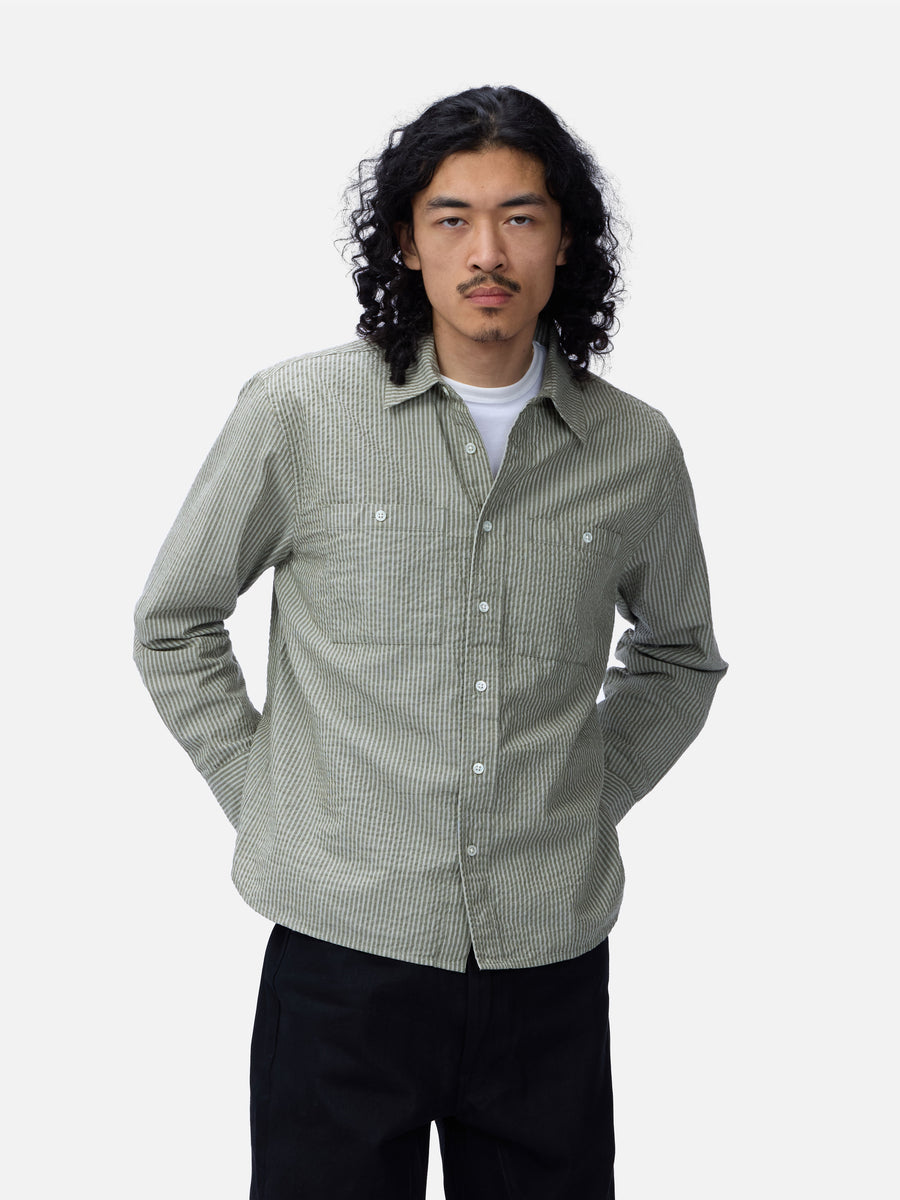 Commuter Shirt ~ Olive Seersucker Stripe