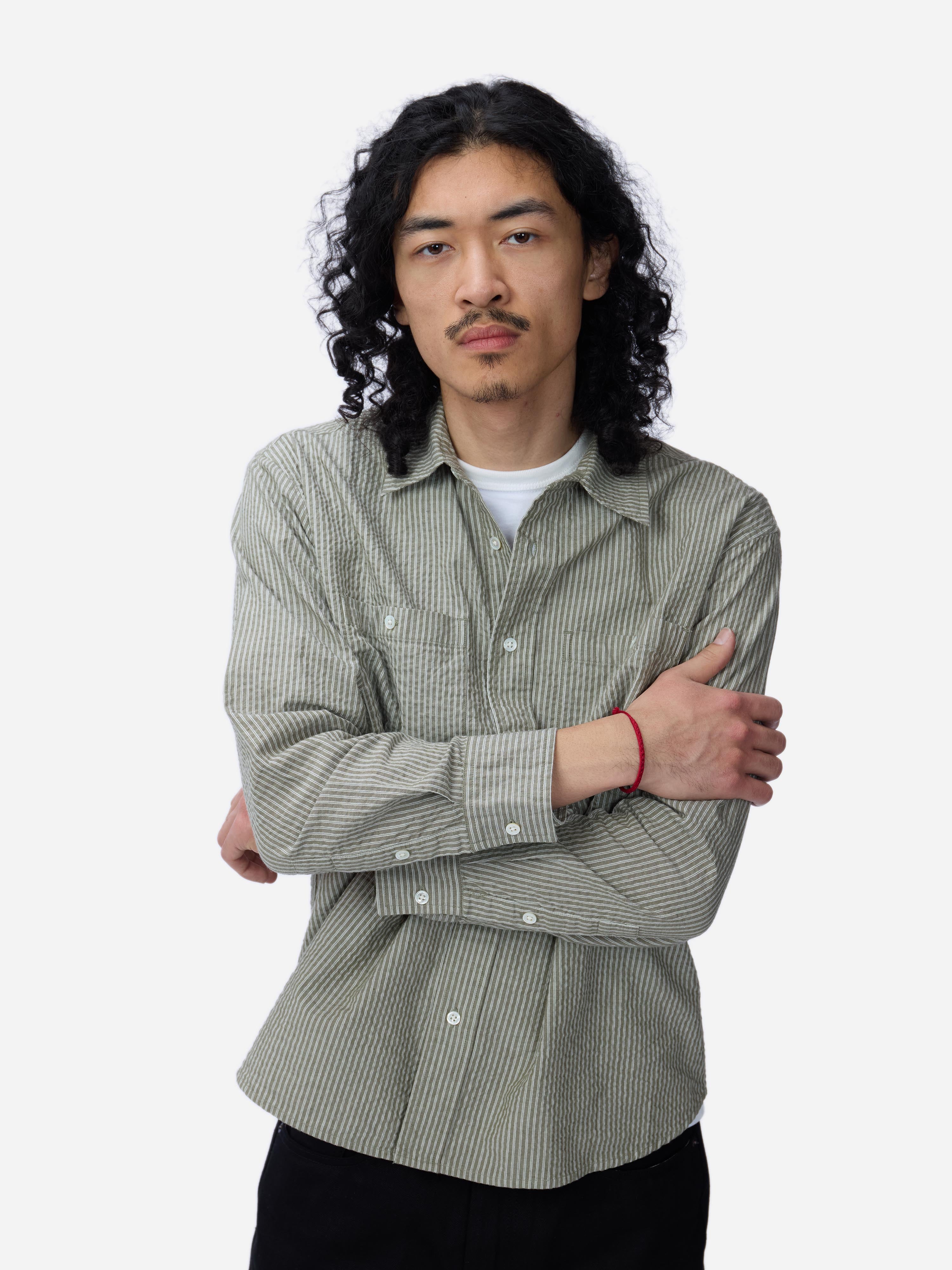 Commuter Shirt ~ Olive Seersucker Stripe – 3sixteen