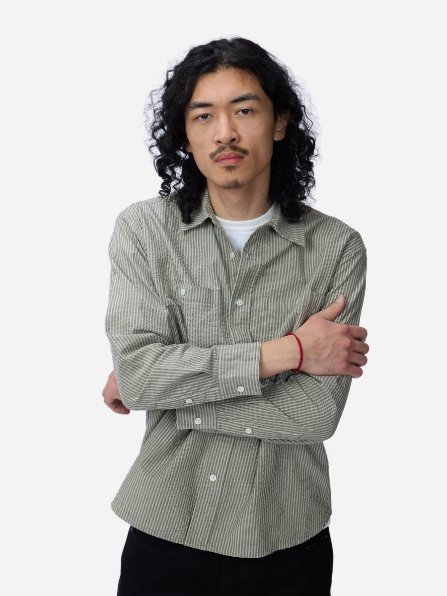 Commuter Shirt ~ Olive Seersucker Stripe