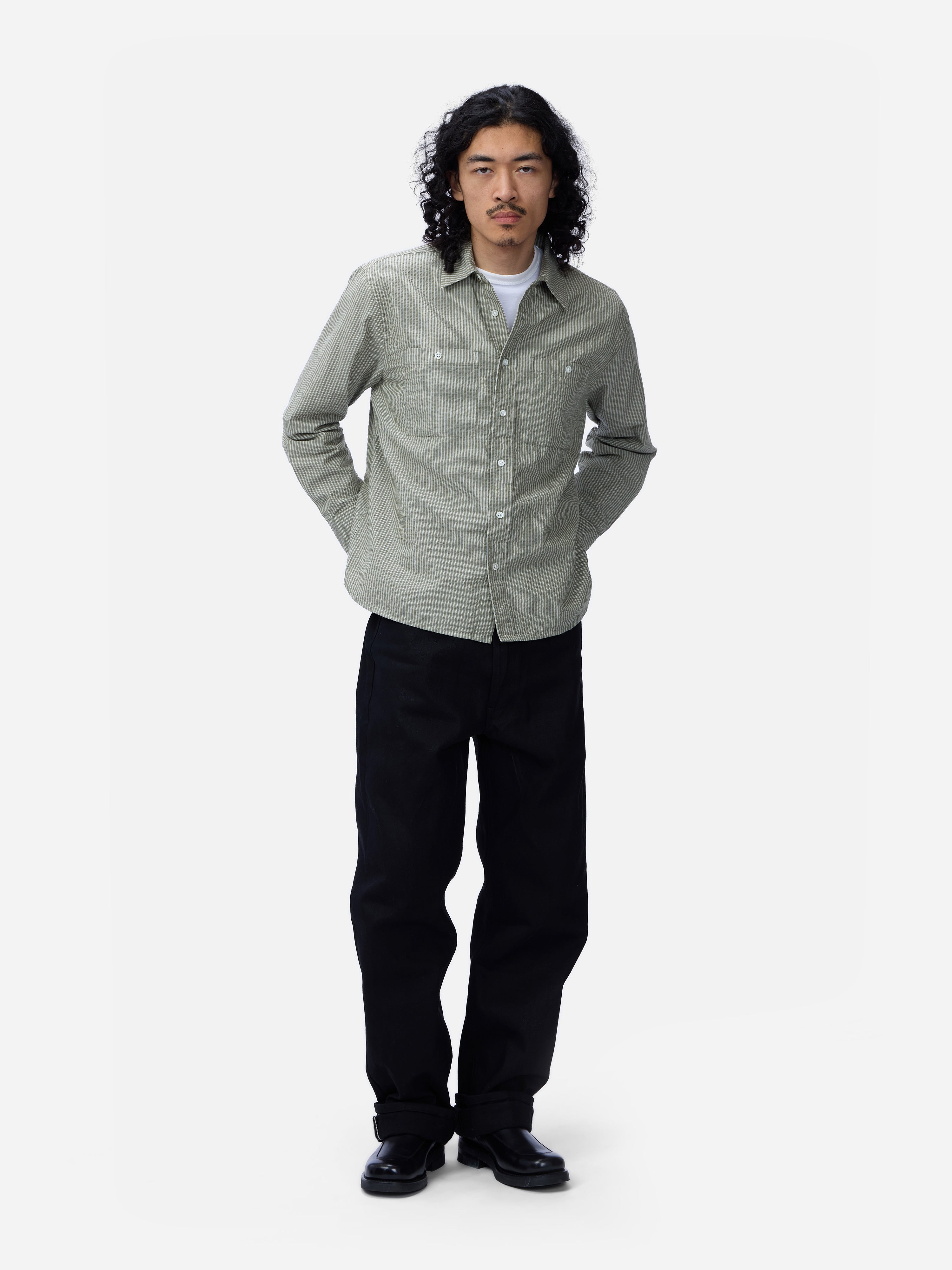 Commuter Shirt ~ Olive Seersucker Stripe – 3sixteen