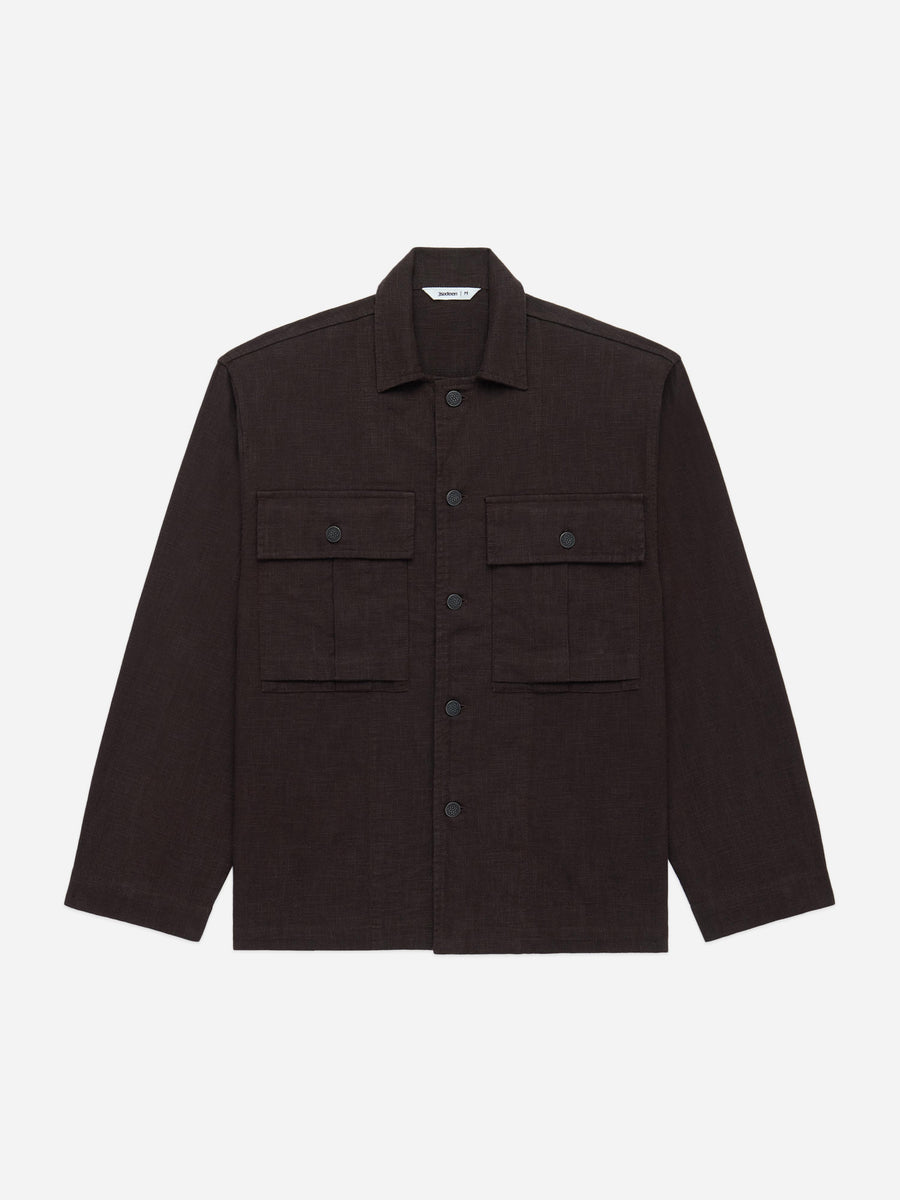 Dark brown jacket with button details on a light gray background