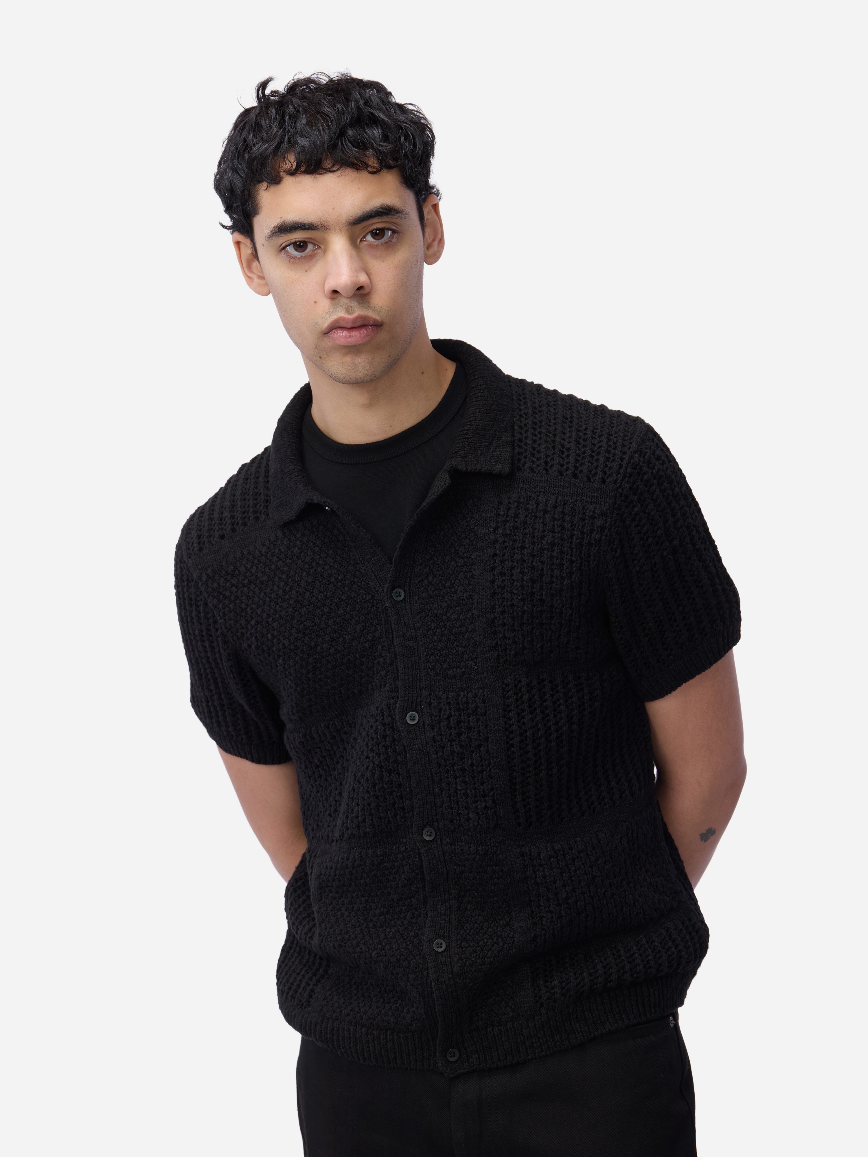 Short Sleeve Knit Shirt ~ Black De Stijl – 3sixteen
