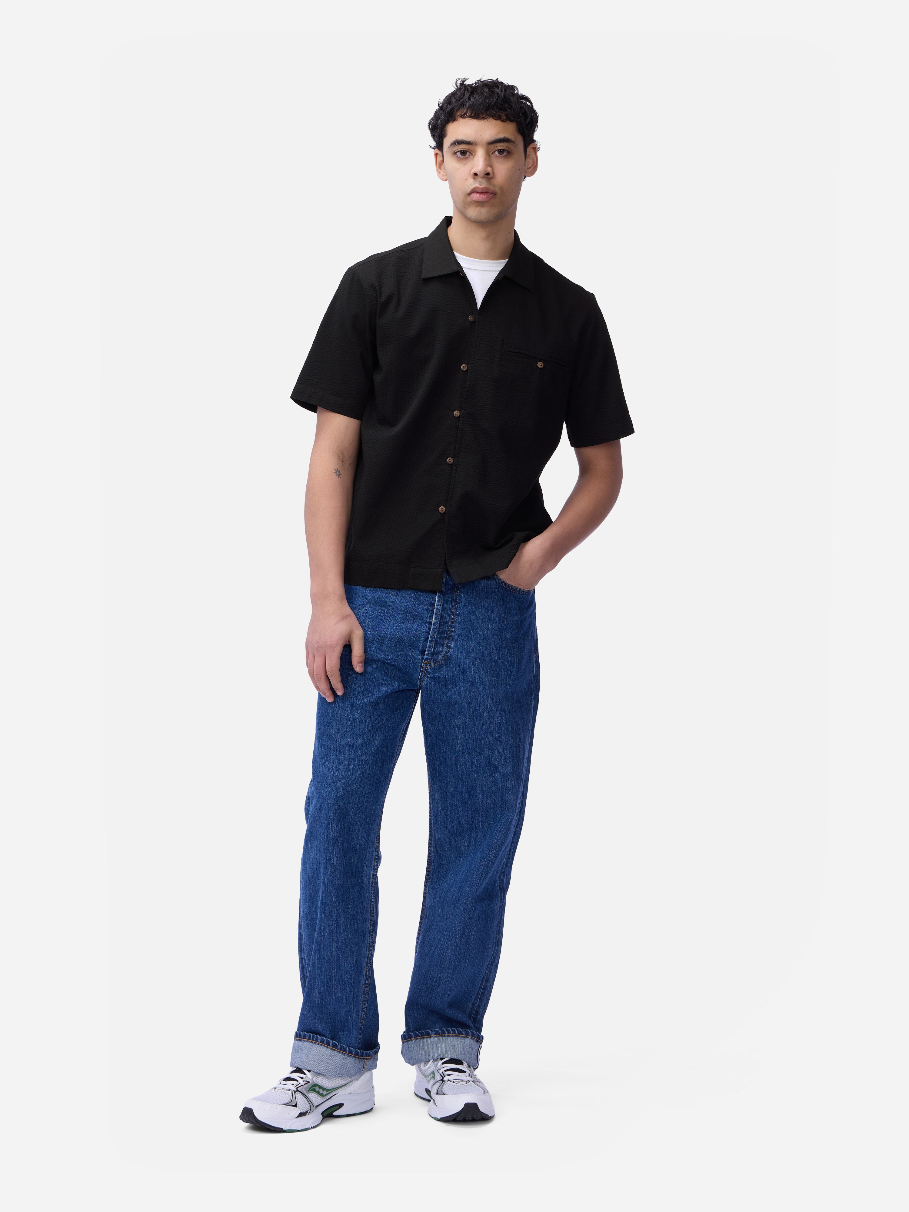 【BLACK】Seersucker shirt Short Sleeve Loop Shirt ~ Black Seersucker – 3sixteen
