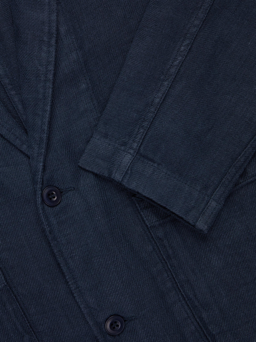 Close-up of a navy blue jacket with buttons and collar