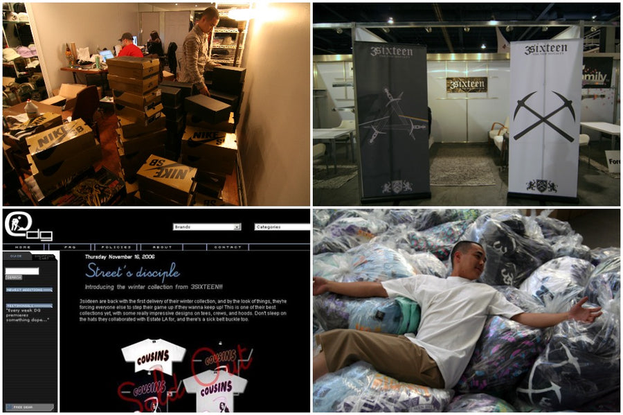 A collage of various old photos from 3sixteen's past, including messy offices, tradeshow booths, and bags of tshirts.