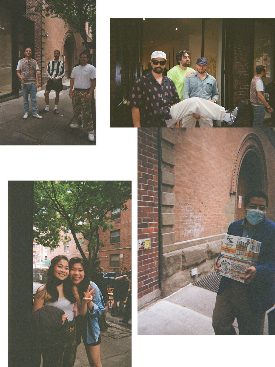 Four blurry film photos of guys and girls hanging out at a party.