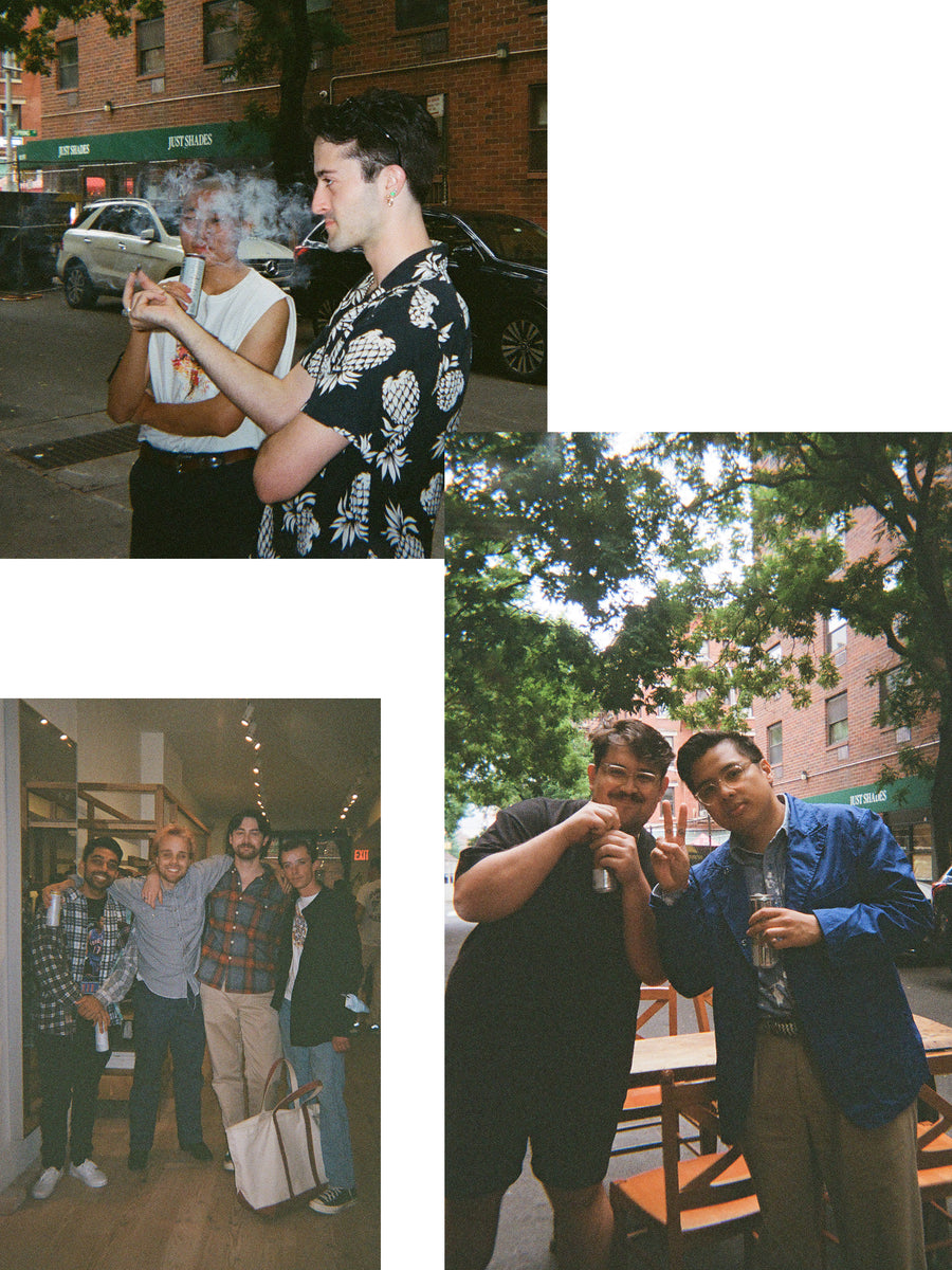 A triptych of photos of young men hanging out at a party at 3sixteen, drinking and smoking various things.