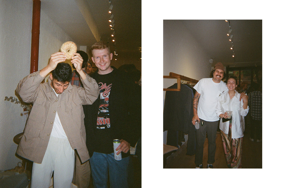 A diptych of friends hanging out at the party. A young man holds up an everything bagel. 