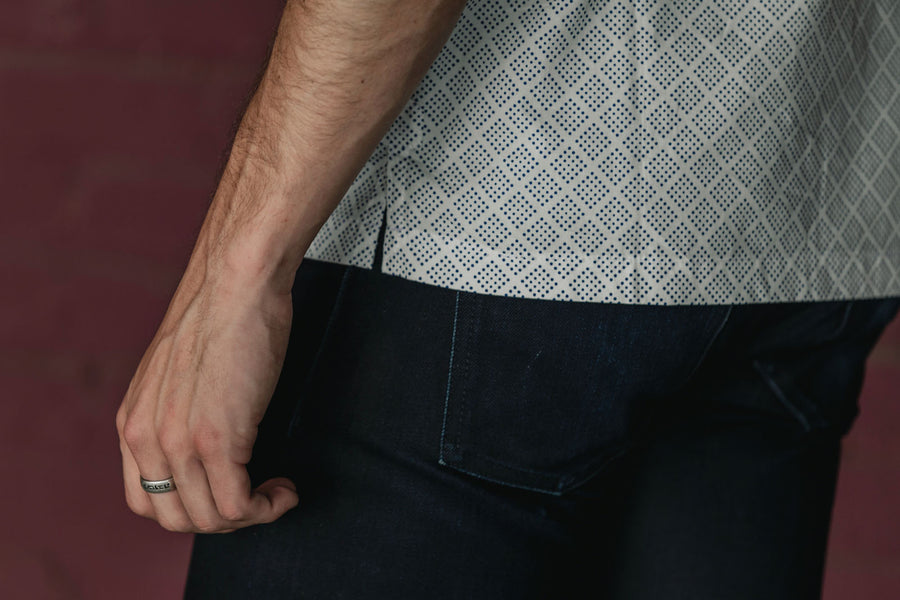 Closeup of pattern on Band Collar shirt.