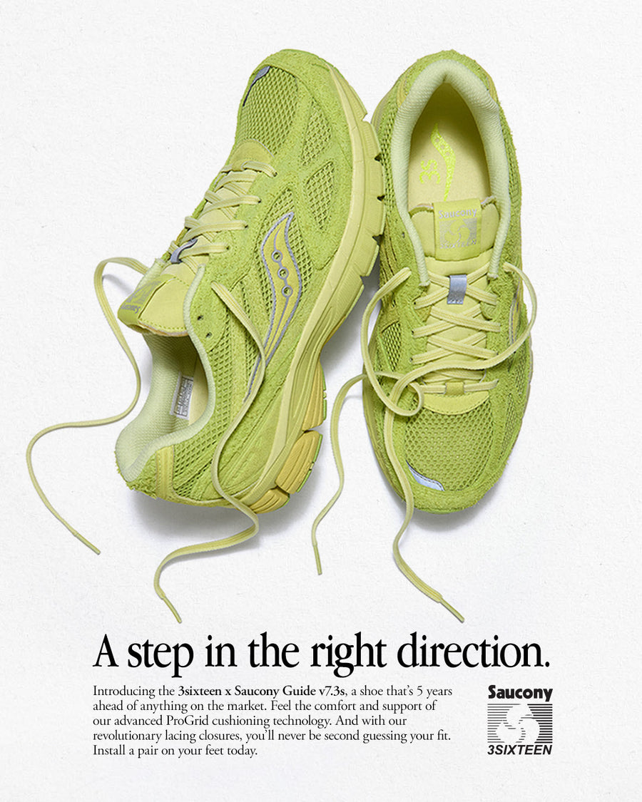 A vintage inspired tech ad showing a pair of neon yellow sneakers and a writeup on its benefits.
