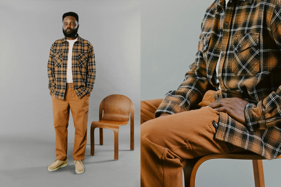 A diptych of a man in a sienna plaid flannel.