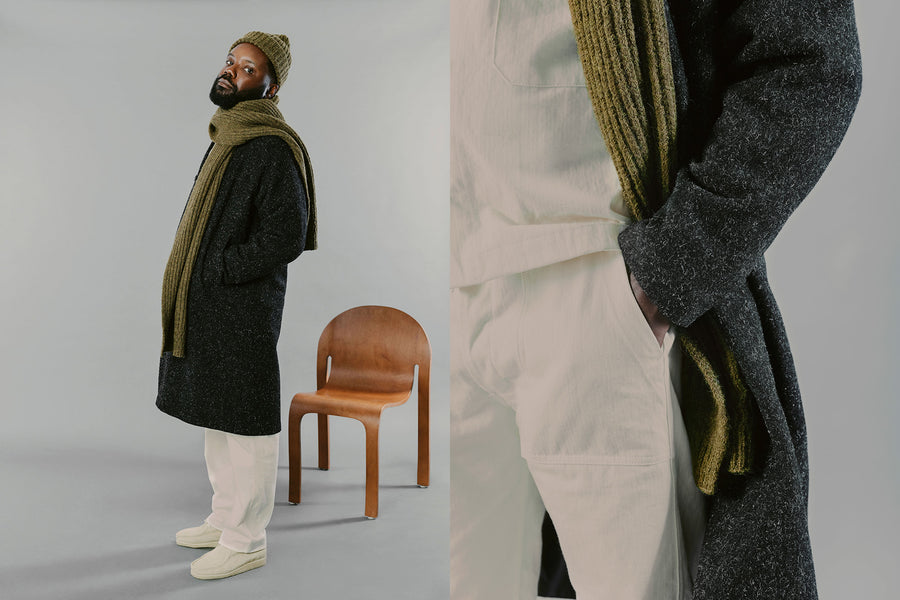 A diptych of a man wearing a long black overcoat over white shirt and pants.