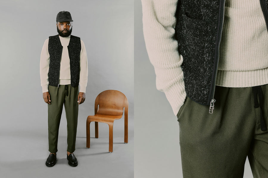 A diptych of a man in a tan sweater and olive pants.