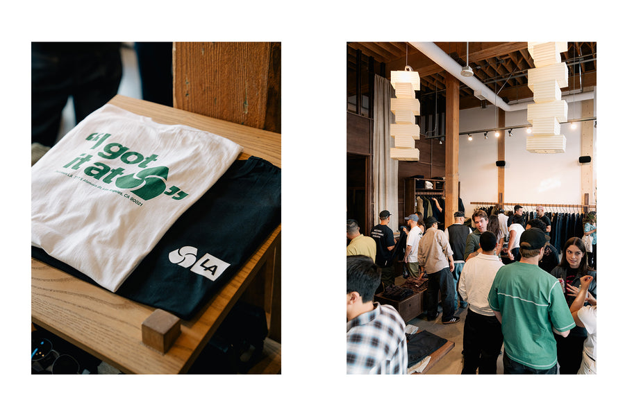 A diptych of folded tees on a table, and a group of people browsing a store.