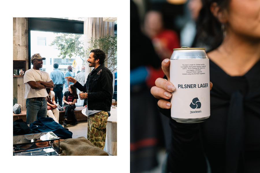 Two people hanging out and talking inside a store, and a closeup of someone holding a 3sixteen beer.