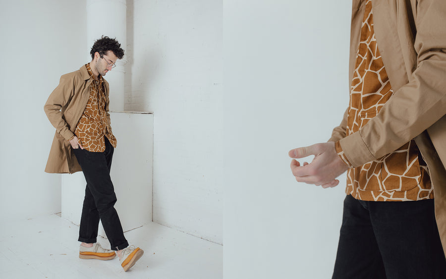 A diptych of a man in a tan mac coat and giraffe print jacket.