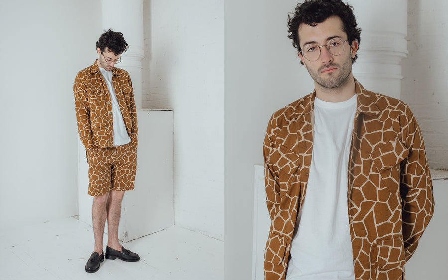 A diptych of a man in a giraffe print jacket and shorts.