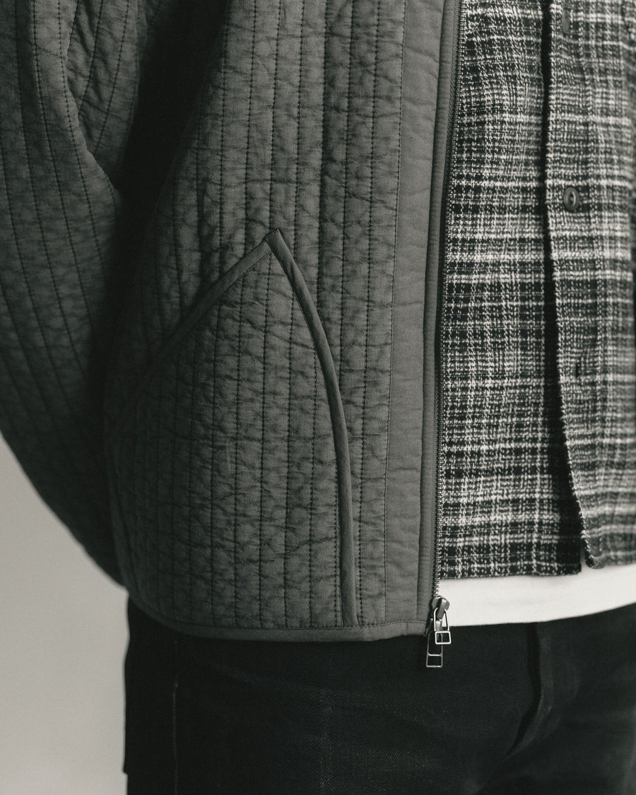 A close up detail shot of a grey liner jacket layered over a black and white flannel shirt.