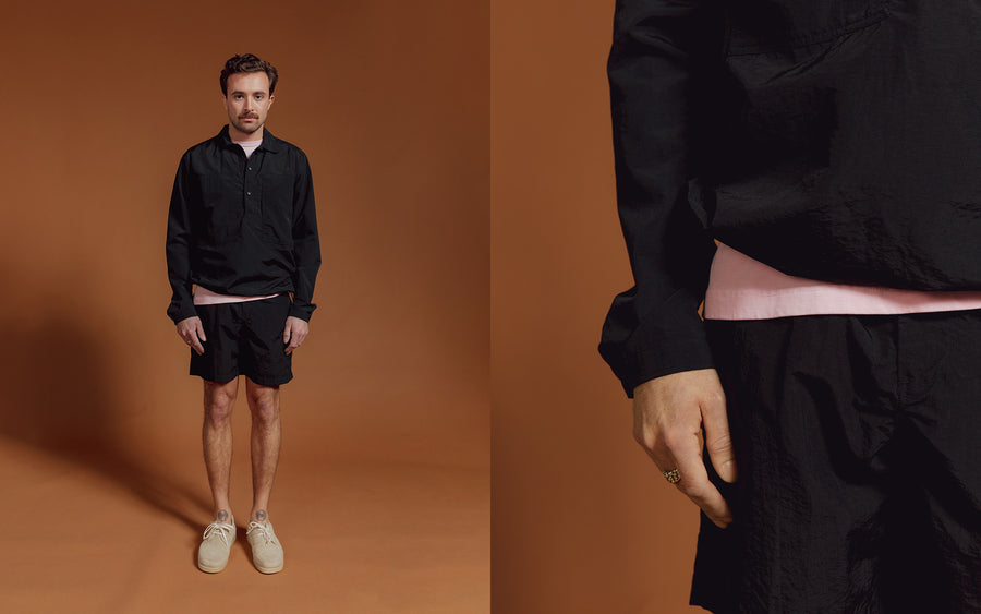 A man in a nylon shirt and short set.