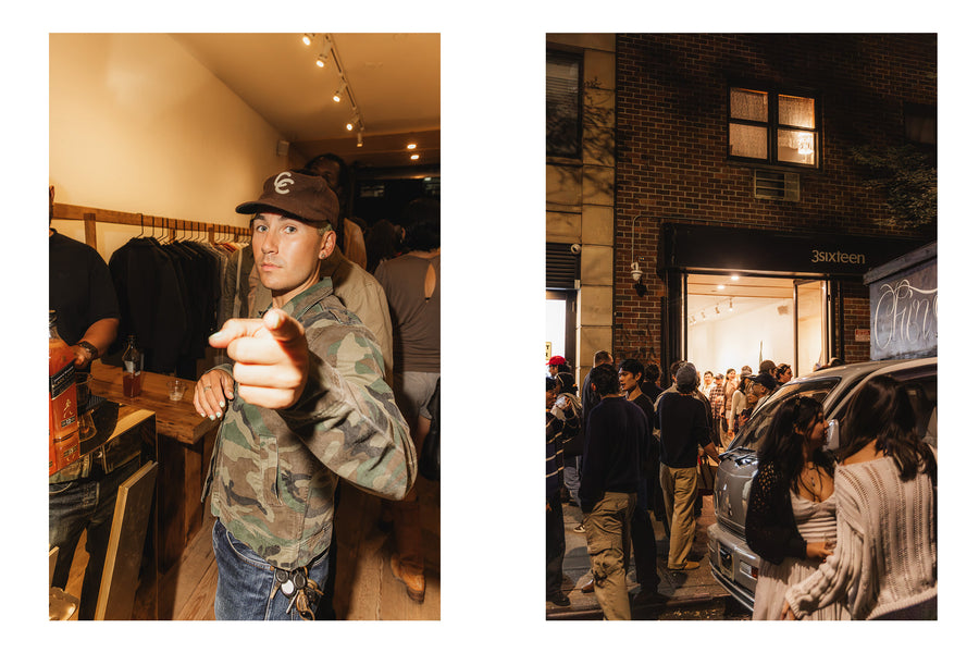 A diptych of a man pointing at the camera and a group of people outside a store.