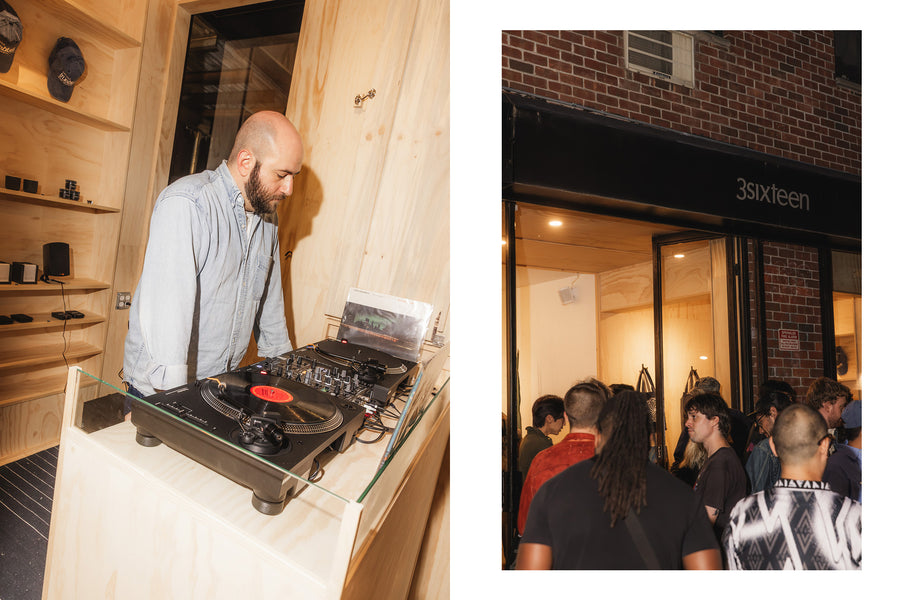 A diptych of a DJ spinning records and a storefront.