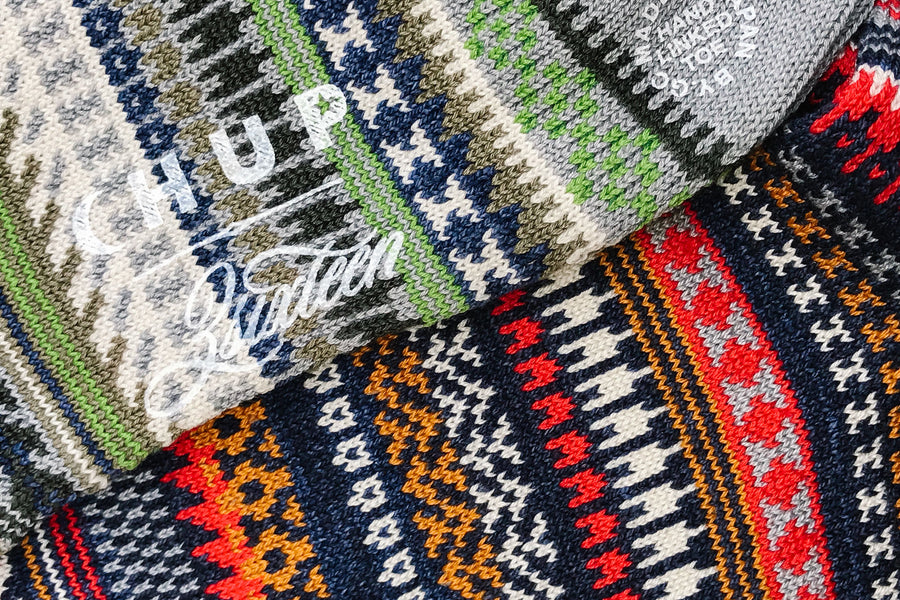 A detailed product shot of the fair-isle knit pattern of the Chup socks.